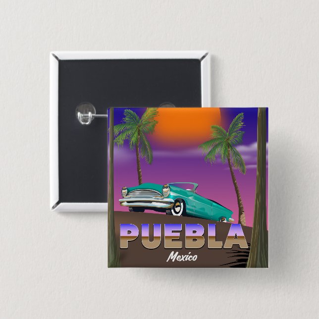 Badge Carré 5 Cm Puebla Mexico, affiche de vacances (Devant & derrière)
