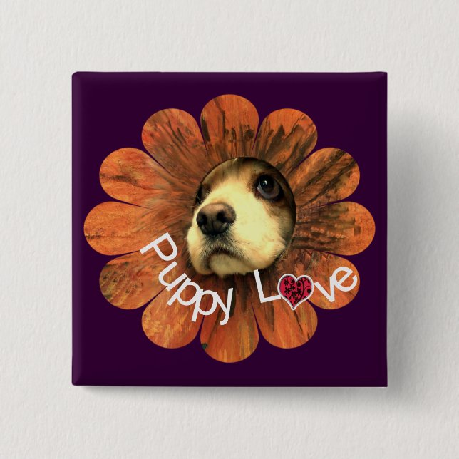 Badge Carré 5 Cm Puppy Love Peeking d'une fleur (Devant)