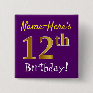 Badge Carré 5 Cm Purple, Faux Gold 12ème Anniversaire, Avec Nom Per