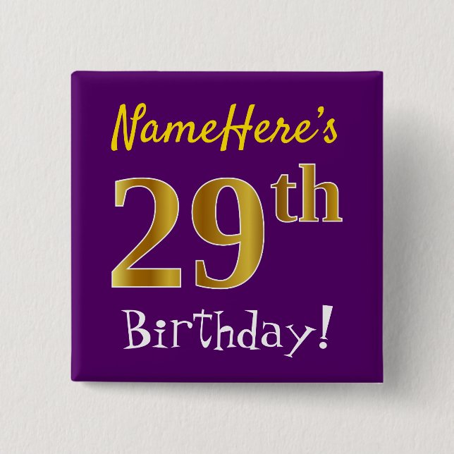 Badge Carré 5 Cm Purple, Faux Gold 29ème Anniversaire, Avec Nom Per (Devant)