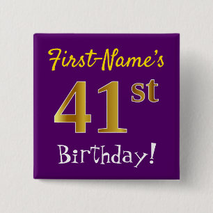 Badge Carré 5 Cm Purple, Faux Gold 41st Birthday, With Custom