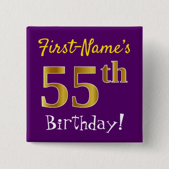 Badge Carré 5 Cm Purple, Faux Gold 55th Birthday, With Custom Name (Devant)