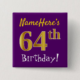 Badge Carré 5 Cm Purple, Faux Gold 64ème Anniversaire, Avec Nom Per