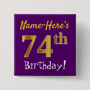 Badge Carré 5 Cm Purple, Faux Gold 74ème Anniversaire, Avec Nom Per