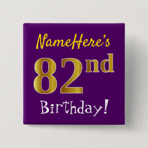 Badge Carré 5 Cm Purple, Faux Gold 82e Anniversaire, Avec Nom Perso