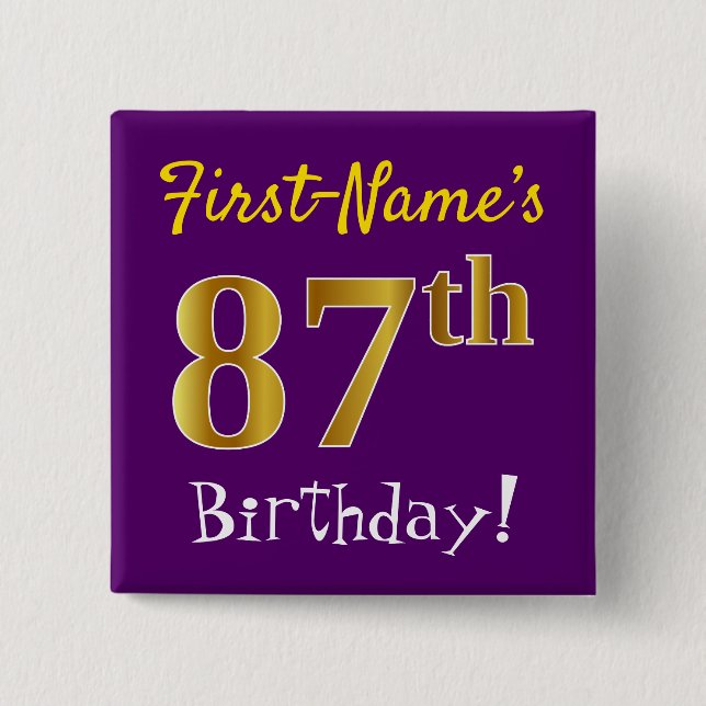 Badge Carré 5 Cm Purple, Faux Gold 87e Anniversaire, Avec Nom Perso (Devant)