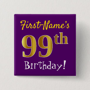Badge Carré 5 Cm Purple, Faux Gold 99e anniversaire, avec nom perso