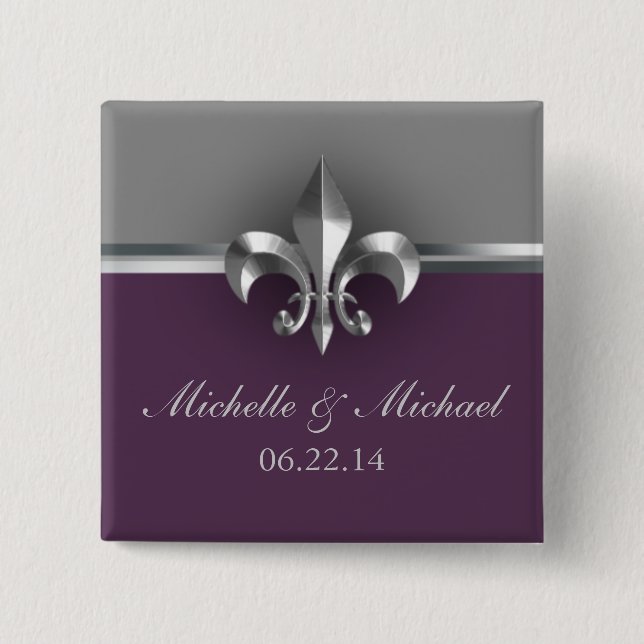 Badge Carré 5 Cm Purple Fleur de Lis argenté élégant (Devant)