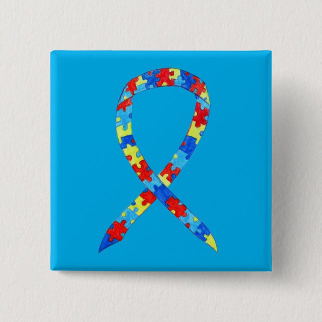 Badge Carré 5 Cm Puzzle Sensibilisation sur l'autisme Ruban Épingle (Devant)