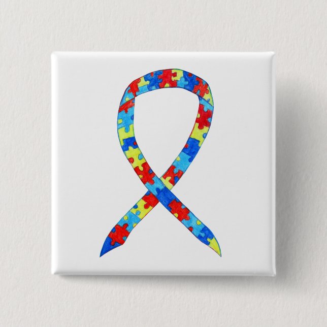 Badge Carré 5 Cm Puzzle Sensibilisation sur l'autisme Ruban Épingle (Devant)