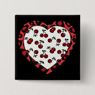 Badge Carré 5 Cm RAB Rockabilly Cherries Coeur Empreinte de léopard