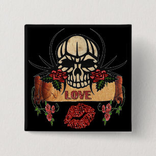 Badge Carré 5 Cm RAB Rockabilly Crâne Roses Amour Rouge à lèvres