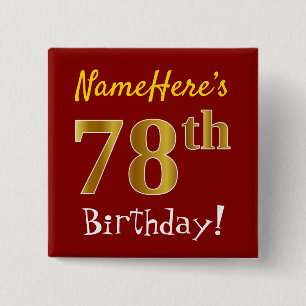 Badge Carré 5 Cm Red, Faux Gold 78th Birthday, With Custom Name