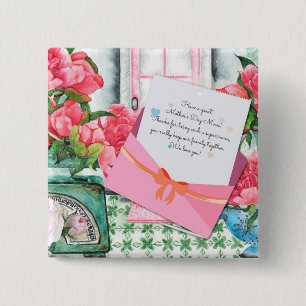 Badge Carré 5 Cm Red Roses Floral Letter Envelope Mother's Day