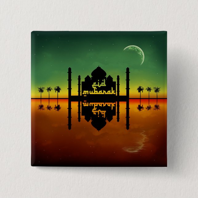 Badge Carré 5 Cm Réflexion de nuit d'Eid Mubarak (Devant)