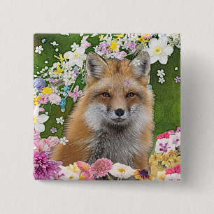 Badge Carré 5 Cm Renard fleuri
