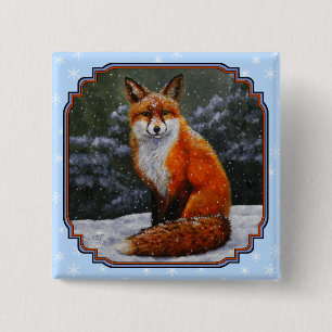 Badge Carré 5 Cm Renard rouge mignon en neige hivernale