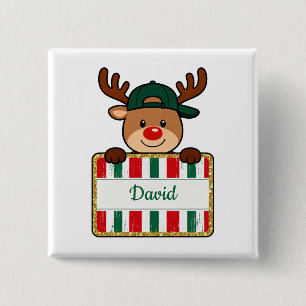 Badge Carré 5 Cm Renne de Noël avec nom personnalisé