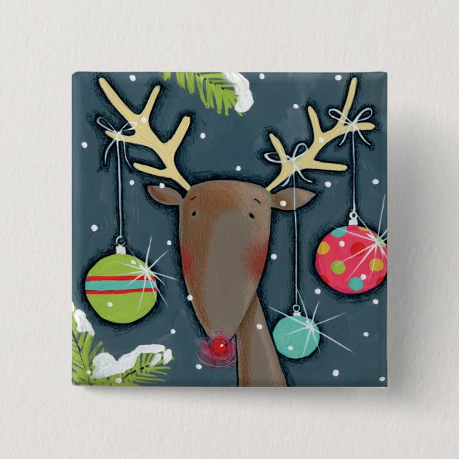 Badge Carré 5 Cm Renne lumineux de Noël (Devant)