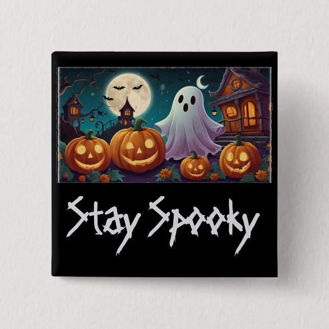 Badge Carré 5 Cm Restez Éffrayants, Fantômes d'Halloween et Citroui (Devant)
