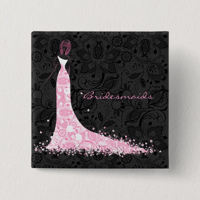 Badge Carré 5 Cm Robe noire blanche et rose Mariage & dentelle Vint (Devant)