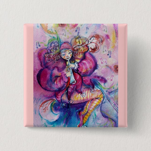 BADGE CARRÉ 5 CM ROBE ROSE MUSICALE (Devant)