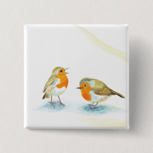 Badge Carré 5 Cm Robins rouges en hiver