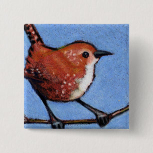 BADGE CARRÉ 5 CM ROITELET, OISEAU, CRAYON DE COULEUR