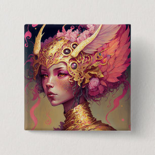 Badge Carré 5 Cm Rose Dragon femme Imaginaire Art