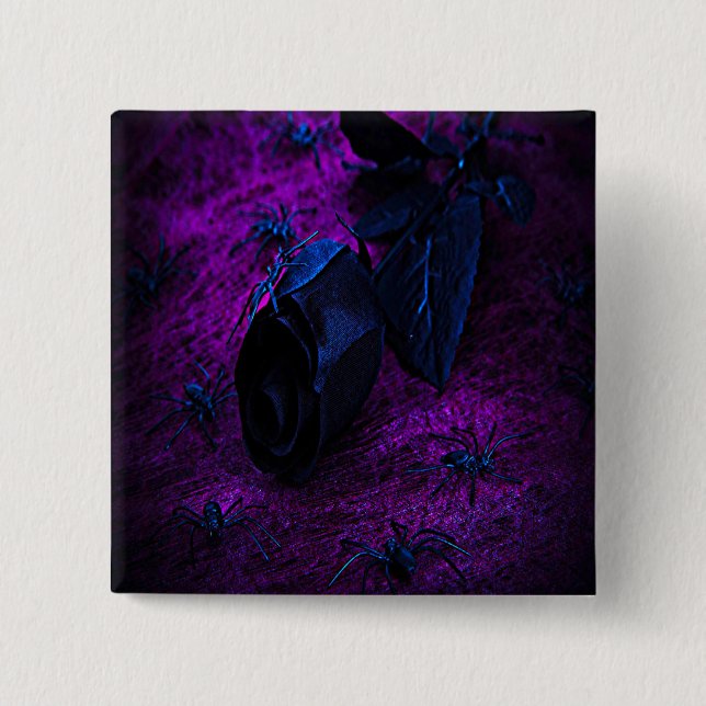 Badge Carré 5 Cm Rose éffrayant en matière noire, araignées noires (Devant)