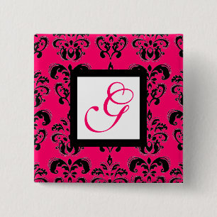 BADGE CARRÉ 5 CM ROSE FUCHSIA DAMASK CARRÉ BLANC MONOGRAM