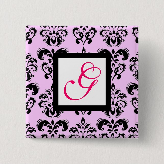 BADGE CARRÉ 5 CM ROSE LILAC BLACK DAMASK CARRÉ BLANC MONOGRAM (Devant)