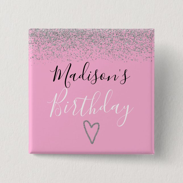 Badge Carré 5 Cm Rose Pailleté Argent Anniversaire Fille (Devant)