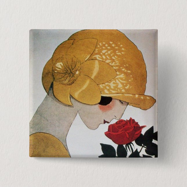 BADGE CARRÉ 5 CM ROSE ROUGE DE DAME WITH (Devant)