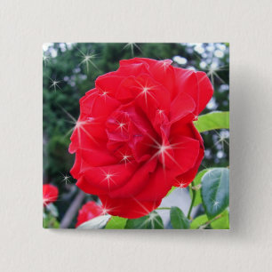 Badge Carré 5 Cm rose rouge fleur aux étoiles