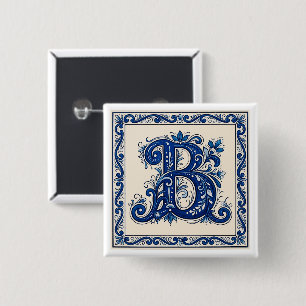 Badge Carré 5 Cm Rosemaling Monogram-Bleu de Prusse