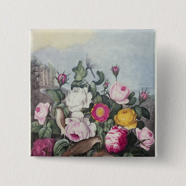 Badge Carré 5 Cm Roses, 'du temple de Flora (Devant)