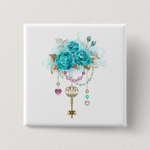 Badge Carré 5 Cm Roses turquoise avec touches