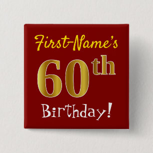 Badge Carré 5 Cm Rouge, anniversaire d'or de Faux soixantième, ave