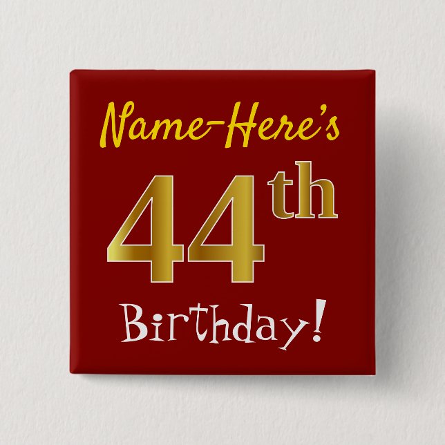 Badge Carré 5 Cm Rouge, Faux Gold 44ème Anniversaire, Avec Nom Pers (Devant)
