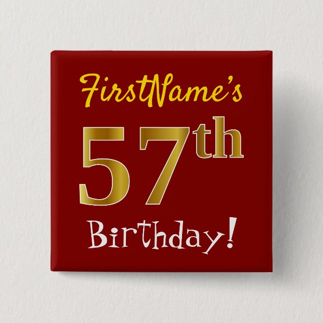 Badge Carré 5 Cm Rouge, Faux Gold 57e Anniversaire, Avec Nom Person (Devant)