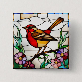 Badge Carré 5 Cm Rouge-gorge lumineux en vitrail