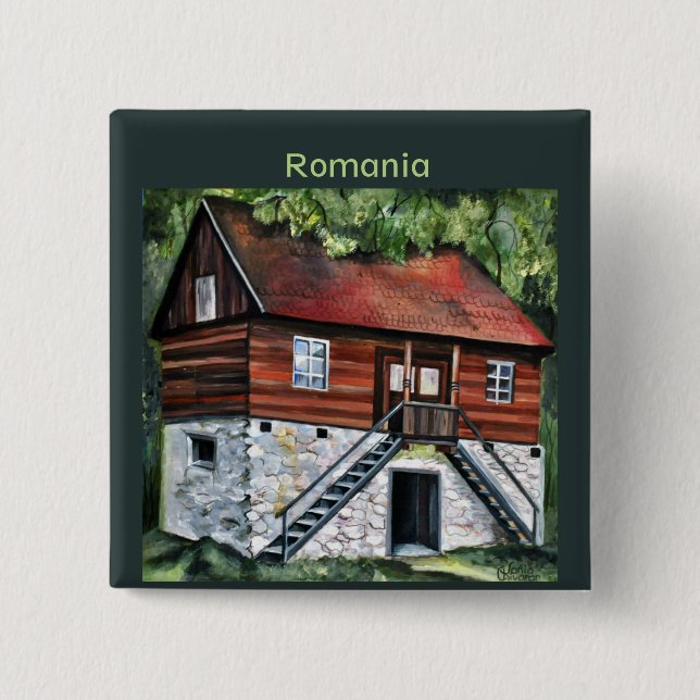Badge Carré 5 Cm Roumanie - Maison traditionnelle transylvanienne (Devant)