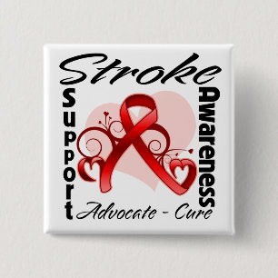 Badge Carré 5 Cm Ruban cardiaque - Sensibilisation aux AVC