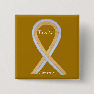 Badge Carré 5 Cm Ruban Tinnitus Gold/Silver Awareness Personnalisé 
