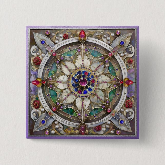 Badge Carré 5 Cm Ruby, Amethyst, Sapphire et Pearl Mandala (Devant)