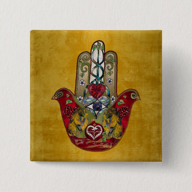 Badge Carré 5 Cm Ruby Pomegranate Heart Red Bird Hamsa (Devant)