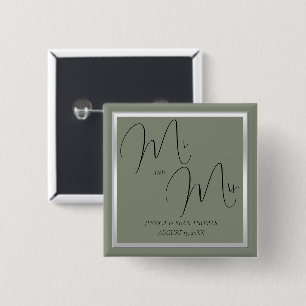 Badge Carré 5 Cm Sage et Mariage argenté sophistiqués