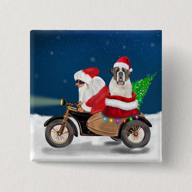 Badge Carré 5 Cm Saint Bernard Chien Noël Père Noël (Devant)