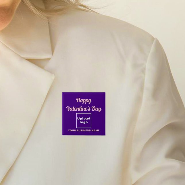 Badge Carré 5 Cm Salutation Valentine affaires sur Carré violet (Business name and logo with Happy Valentine's Day greeting on purple square button.)